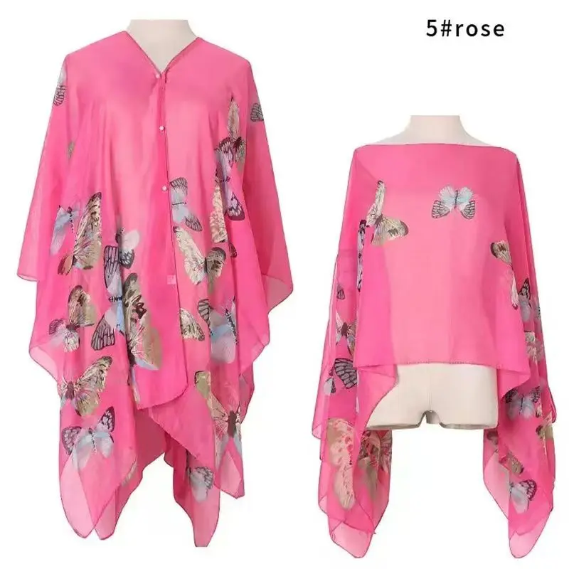 

Butterfly Printed Sunscreen Clothing Chiffon Long Shirt Women Blouses Loose Long Sleeve Top Sexy Irregular See Through Shirt