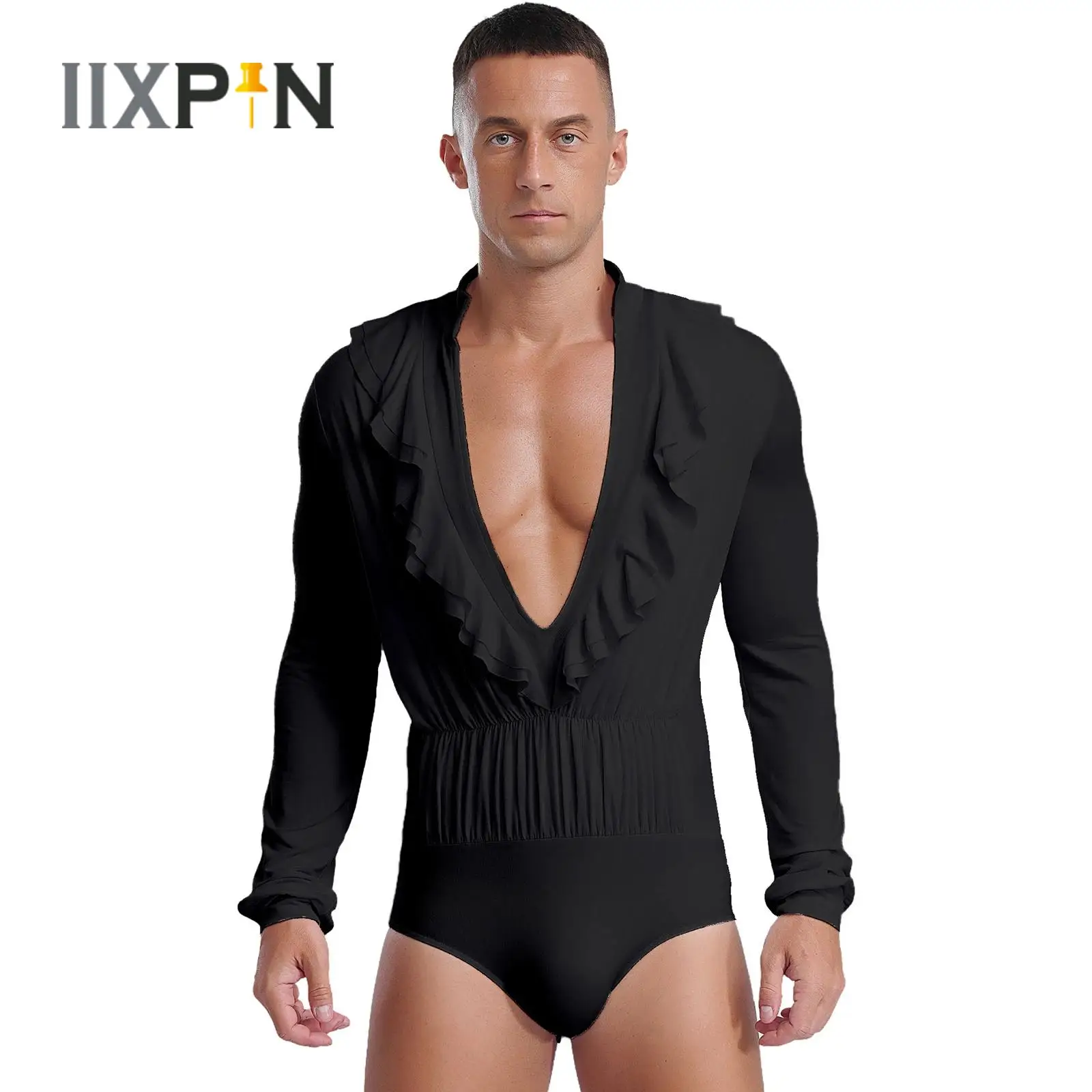 

Hot Latin Dance Bodysuit for Mens Ruffles Deep V-neck Long Sleeve Leotard Romper Sexy Cha-Cha Rumba Dance Performance Costumes