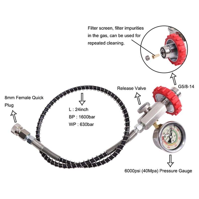 24Inch Fill Station Charging Adaptor Adaptor From Scuba Tank BP:1600Bar WP:630Bar Connector For PCP Air Refill