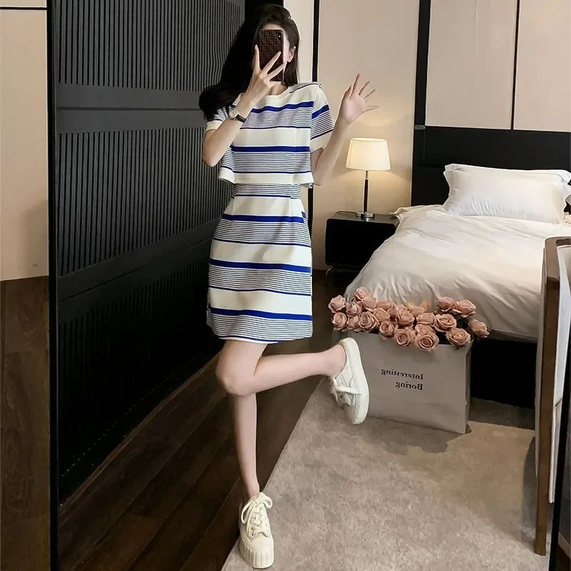 Women Summer Striped Dress Imitation Two-piece Set Sweet Chic Dress T-shirt Style Short Skirts Pink Dress Cottagecore Clothes