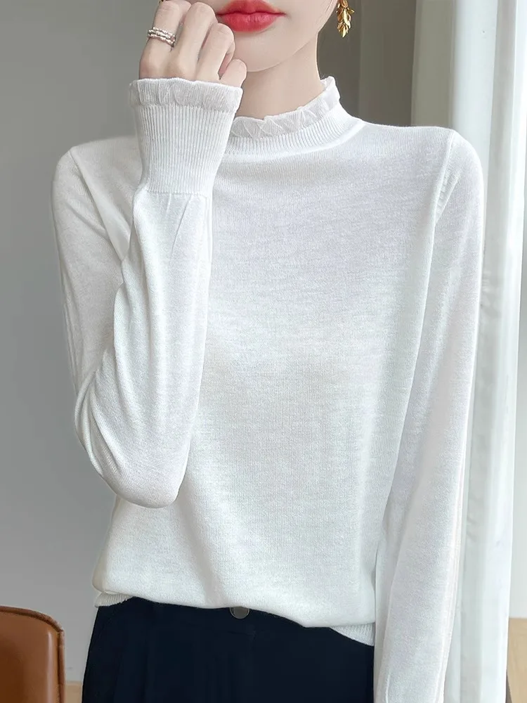 

Ele Lace Knitwear Women's Thin Long Sve Earlet Collar Base irt Simple Versatile Top Commute Sle Regular Fit Knitte...