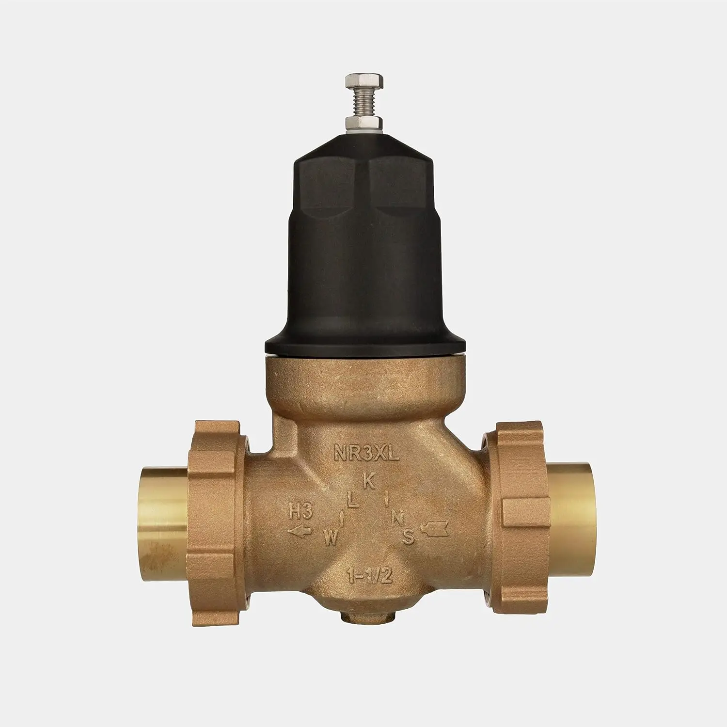 Pressure Reducing Valve with Double Union Copper Sweat Connection Short Lay Length and Compact Design Installs in Tight Spaces