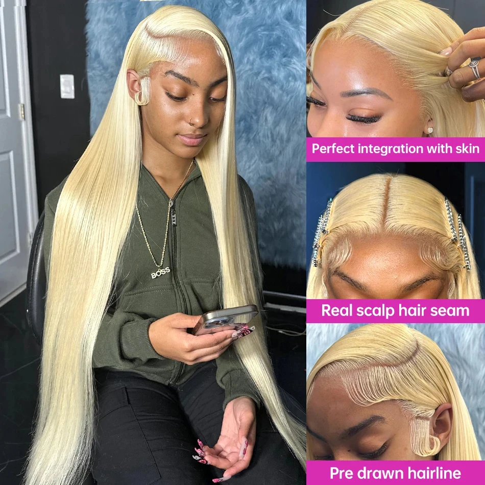 Wiggogo-Straight Blonde Lace Front Wig, Cabelo Humano, Lace Frontal Wig, Glueless, 13x6, 13x4, 613