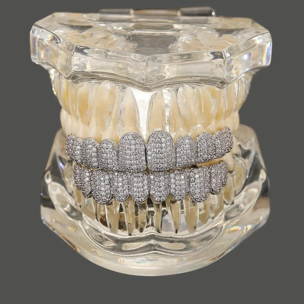 Premium Gold Plated Iced Out CZ Teeth Grillz - Full Shiny Micro Pave Cubic Zircon Top & Bottom Dental Grills for Hip Hop Rap