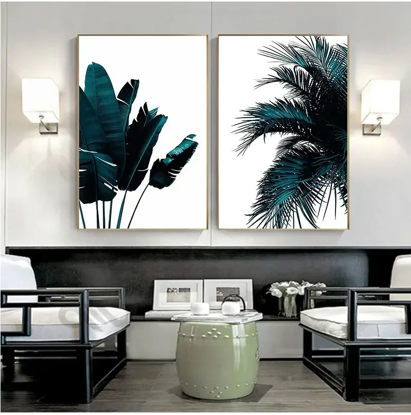 Impresión en lienzo botánico abstracto de hoja de palmera de plátano azul, pintura de estilo nórdico, imagen creativa, decoración moderna para el hogar