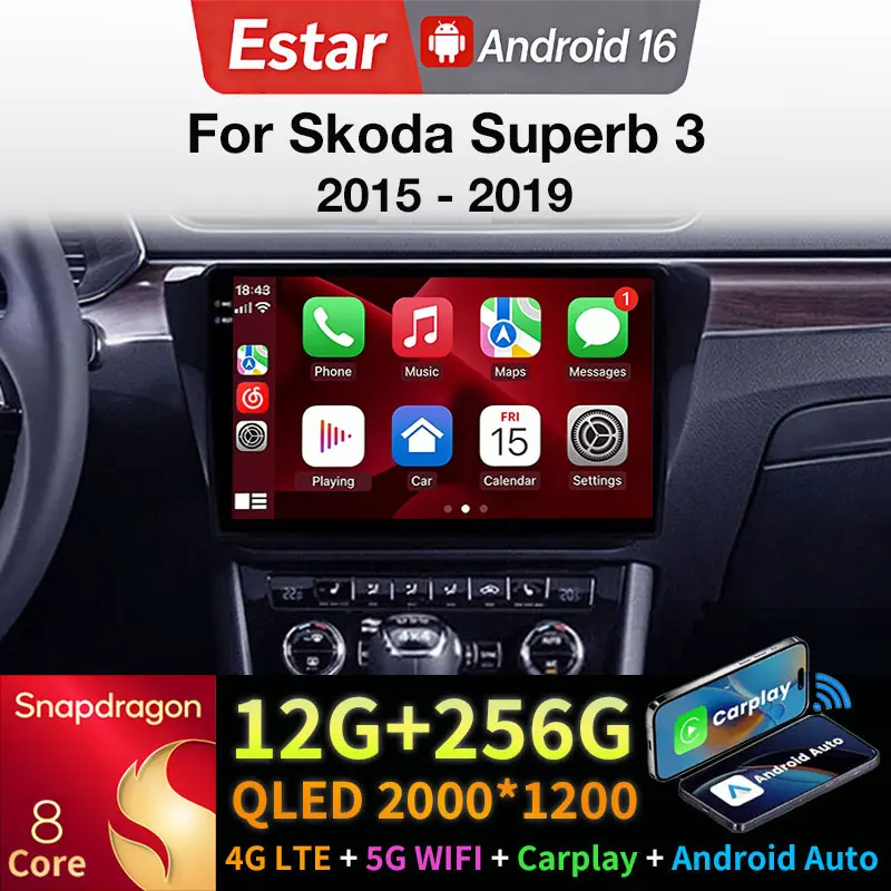 Android 16 For Skoda Superb 3 2015 - 2019 Wireless Carplay GPS Multimedia Video Player Navigation Head Unit Stereo 8 Core 2DIN