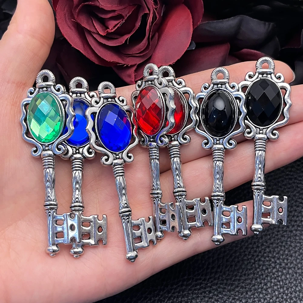 4pcs Vintage Key Charms Multicolor Oval Rhinestone Ornate Skeleton Key Pendants for DIY Necklaces Earrings Gothic Jewelry Making
