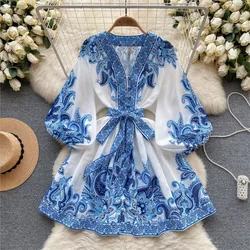 Vintage Print elegante manica a sbuffo a-line Vneck Mini abito Casual donna moda autunno primavera Lace-Up Dress Vestidos De Mujer