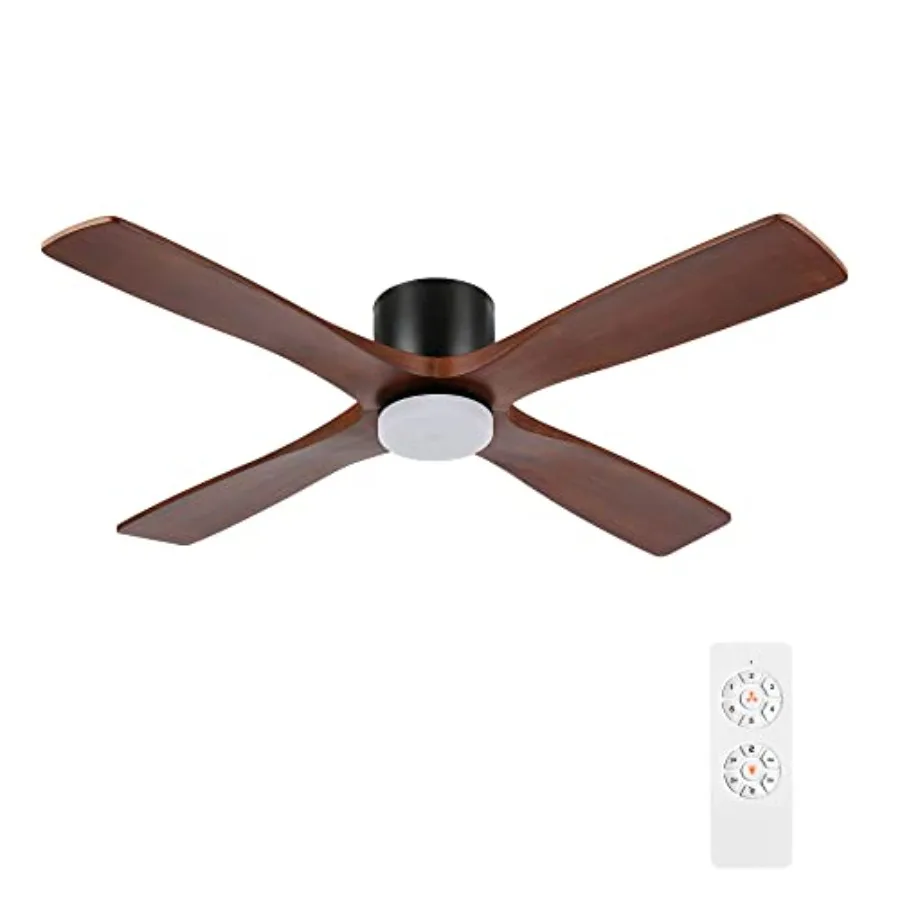 

54 Inch Flush Mount DC Ceiling Fan with Lights and Remote, 4 Reversible Carved Wood Blades, 6-Speed Noiseless DC Motor, Hugger