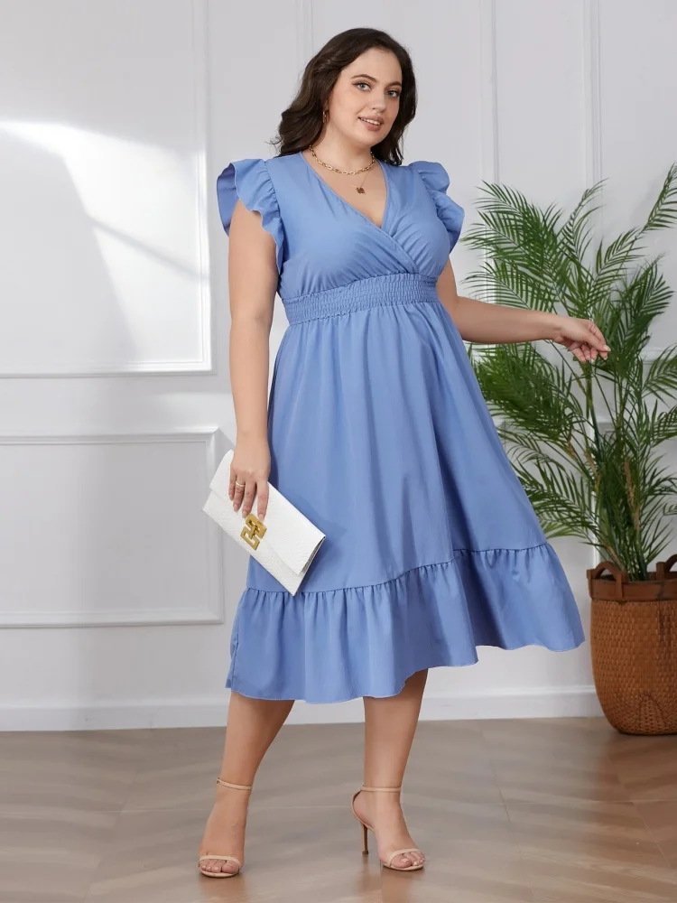 Wmstar 플러스 사이즈 여성용 드레스 도매 여름 여성용 신상 반팔 단색 우아한 미디 기장 맥시 드레스 2025