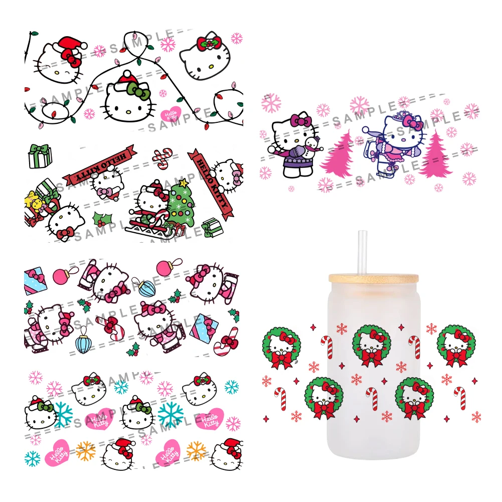Hello Kitty Weihnachts-Cartoon-Mode für Libbey 16oz Dose Glas 3D wasserdicht UV DTF Kaffee kann Libbey Glasfolie verpacken
