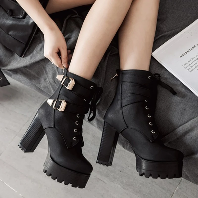 Winter Ankle Boots For Women Shoes Platform Sexy Buckle Punk Heel Motorcycle Boot Brown Shoes Woman Large Size