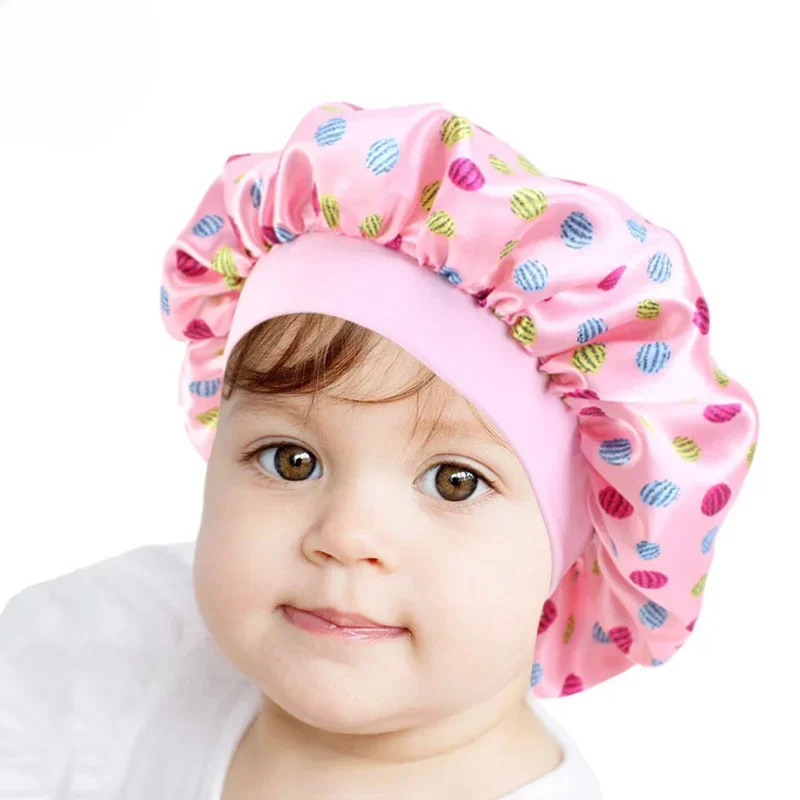 Elastic Children Satin Bonnet Cartoon Nightcap Round Synthetic Silk Shower Caps Night Sleep Polyester Hat Solid Lining