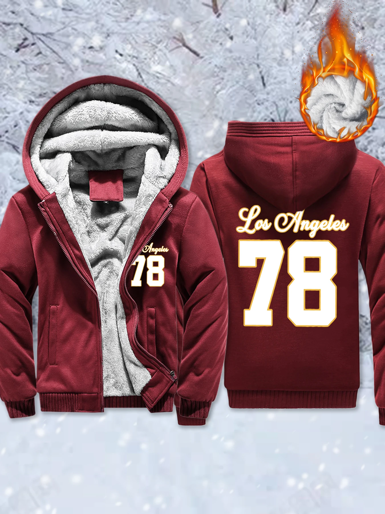 سترات لوس أنجلوس رقم 78 مطبوعة للجنسين من الصوف الناعم سترة دافئة ومريحة وسميكة للشتاء ملابس الشارع الشهير مع قلنسوة بسحاب للرجال