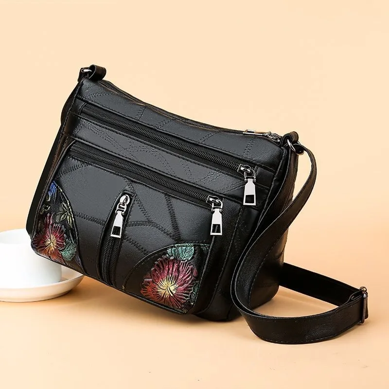 (Random printing) Women Soft Leather Messenger Shoulder Handbags And Purses Flowers Multi-pocket Crossbody Mommy Bag Ladies Sac