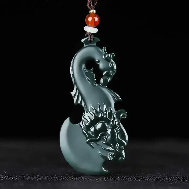 

Jiale/Natural Xinjiang He Tian Cyan Jade Dragon and Phoenix Seiko Necklace Pendant Fashion Jewelry Men Women Couples Evil Amulet