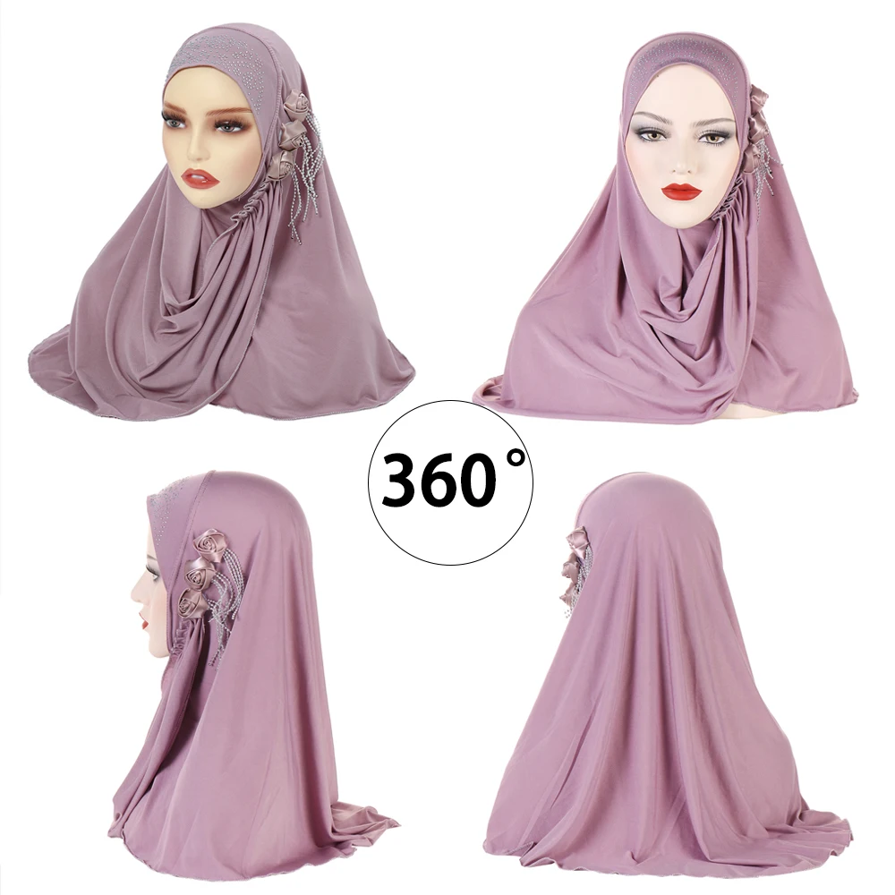 RIMAIRE Pure Color Muslim Inner Hijab with Diamond and Flower Decoration Soft and Comfortable Hijabs for Women New Headscarf