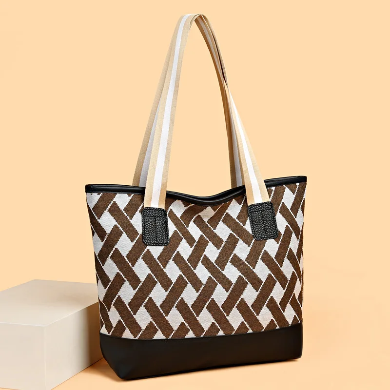 Canvas Bag for Women 2024 New Fashion Versatile Checkered Shoulder Bag Cartoon Rabbit Print Large Capacity Commuting Tote Bag