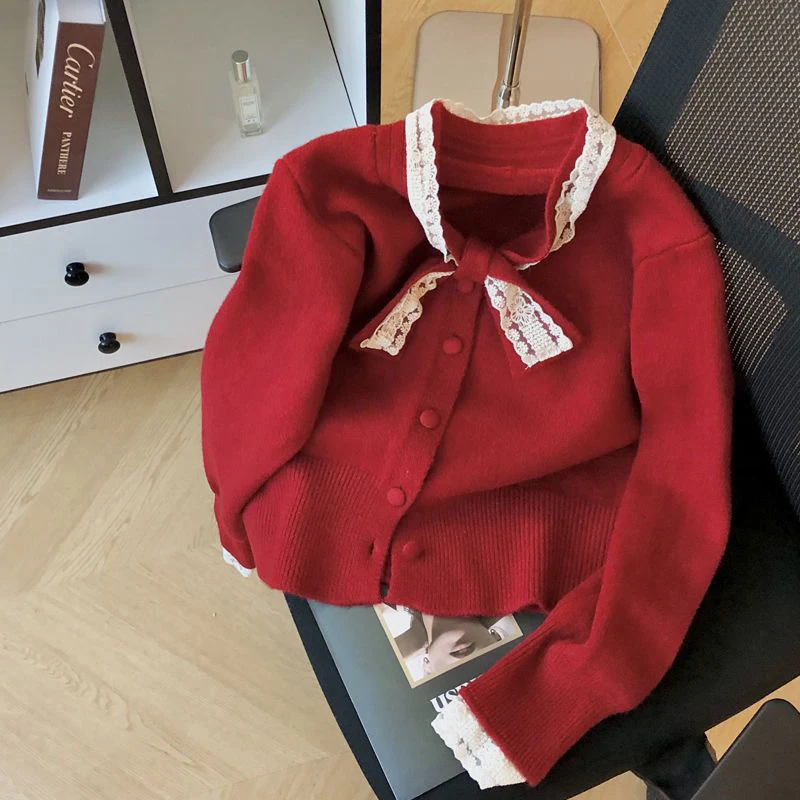Sweet Bow Knitted Cardigan Women Lace Patchwork Button Chic Gentle Sweater Spring Autumn Female Long Sleeve Casual New Outwear