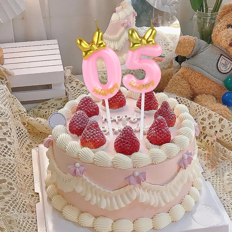 1pc Pink Bowknot Candle 0-9 Number Birthday Candle Girl Princess Happy Birthday Cake Topper Celebration Anniversary Party Supply