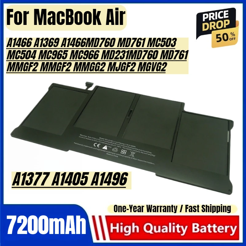 

For MacBook Air A1466 A1369 A1466 MD760 MD761 MC503 MC504 MC965 MC966 MD231MD760 MD761 MMGF2 MMGF2 MMGG2 MJGF2 Laptop Battery