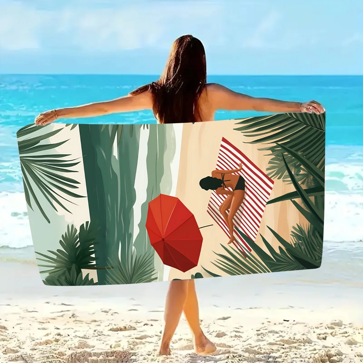 قطعة واحدة من من منشفة الشاطئ المخططة الأنيقة مع مظلة من الشمس - حصيرة بوليستر ناعمة وسريعة الجفاف ومريحة لقضاء عطلة الصيف، مستطيلة حديثة