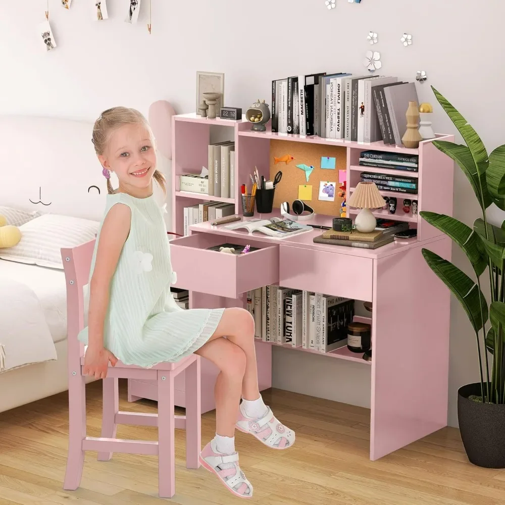 Pink Kids Desk and Chair Set for 5–12-Year-Old, Children's Computer Desk with Storage Shelf, Kids Study Table with 4 Drawers