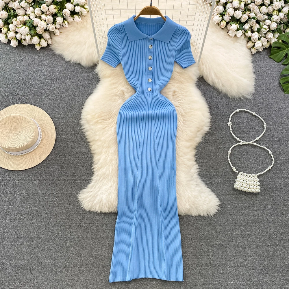 REALEFT lato 2025 nowe damskie Polo długie sukienki z dzianiny solidna elegancka, z krótkim rękawem guziki obcisła sukienka kopertowa kobieta