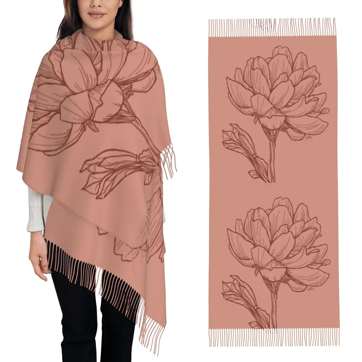 

Шарф «Пион в кирпичи», шарфы с кисточками, женские мягкие теплые шали и накидки, длинная осенне-зимняя шаль