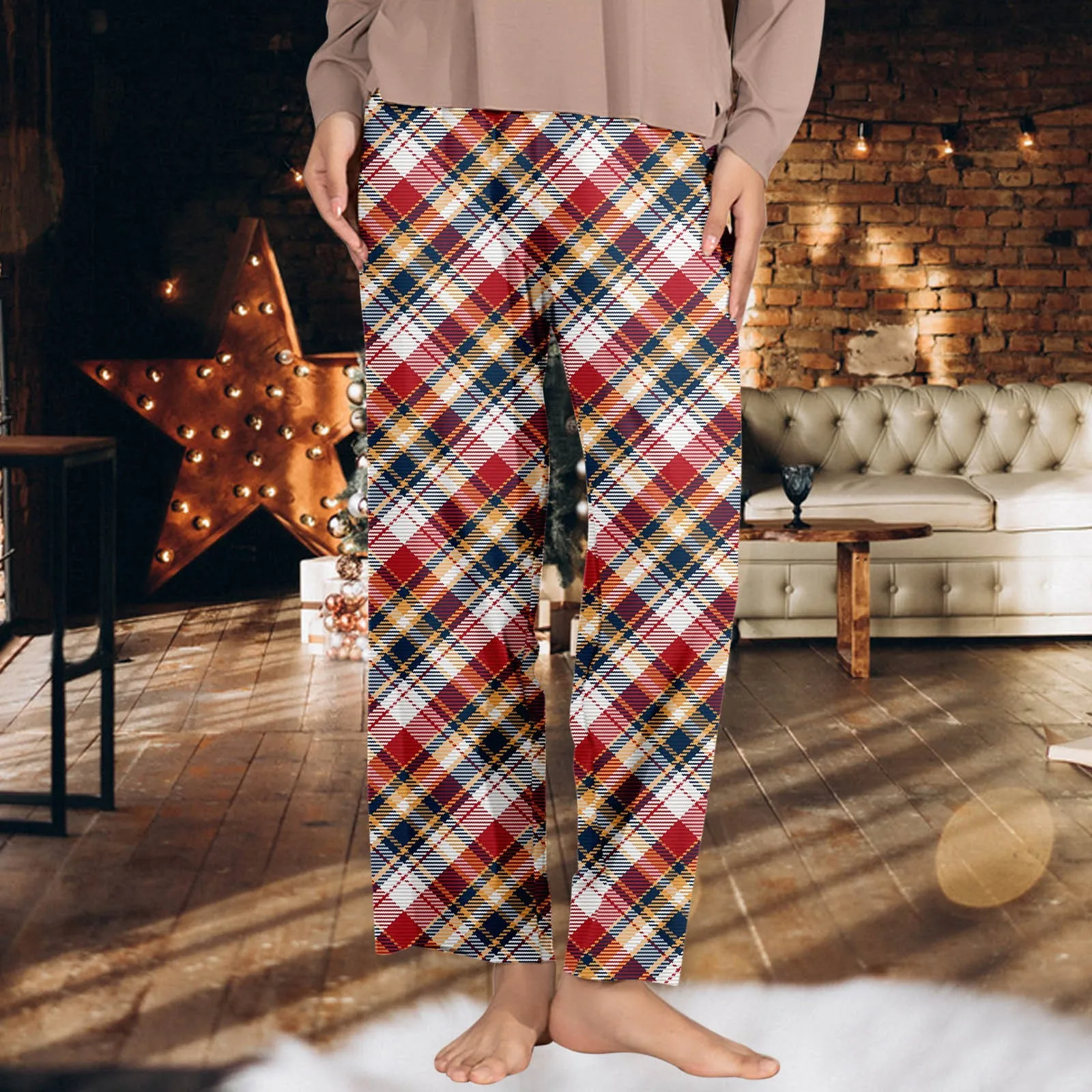 Womens Classic Plaid Pajama Pants Christma Elastic Waist Pockets Trousers Comfortable Loose Home Pants Lounge Wear Bottoms