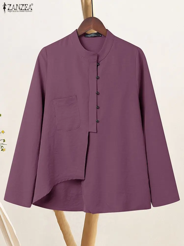 2025 ZANZEA Donna Autunno Camicetta a maniche lunghe Casual Bottoni solidi Camicia Elegante Stand Collo OL Top da lavoro Camicie irregolari Oversize