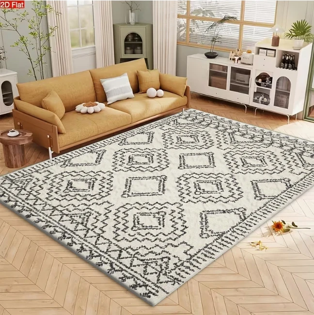 Cream Black Tribal Diamond Boho Area Rug Moroccan Style Living Room Carpet Floor Mat