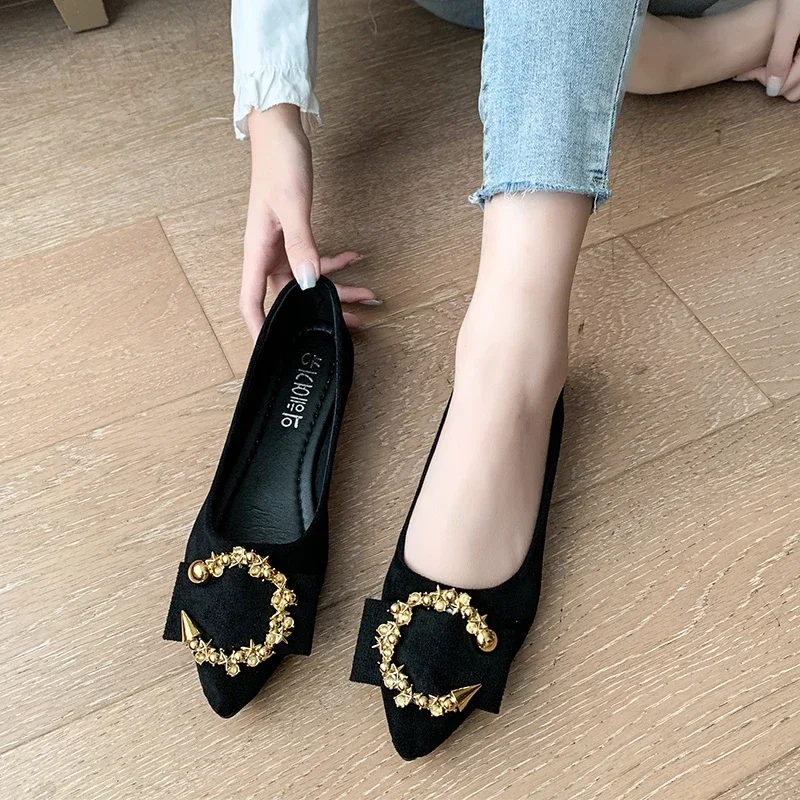 Spring and Autumn Casual Fashion Pointed Toe Comfortable Non-slip Wear-resistant Simple Metal Decorative Women\'s Shoes