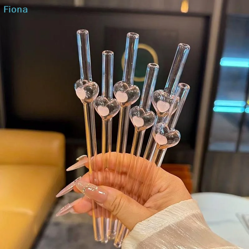 ✔Heart Shaped Glass Straws,Reusable Clear Drinking Straws with Pink Heart Accent for Smoothies,Coffee & Cocktails