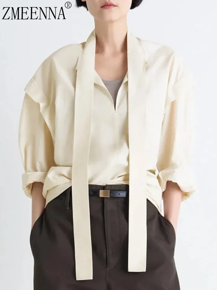 

ZMEENNA Elegant Satin Blouse For Women With Stylish Neck Tie Design And Long Sleeves Versatile Top Casual Wear ZM3904