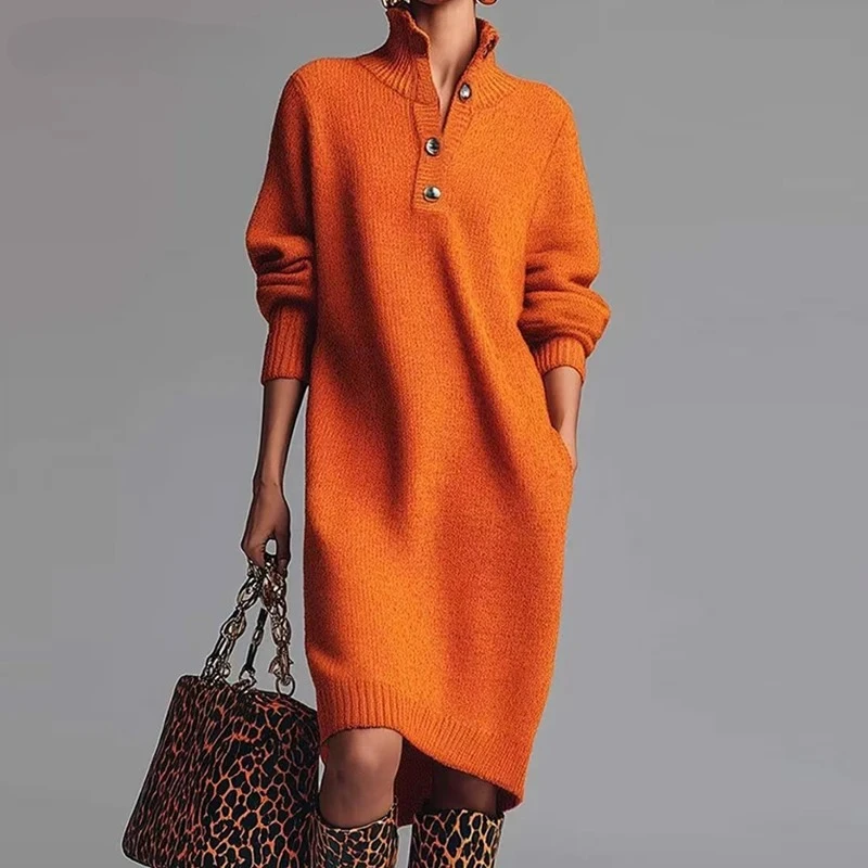 أزياء محبوك اللباس المرأة الخريف الشتاء جديد مستقيم ميدي طول فساتين سترة للنساء عارضة طويلة الأكمام مكتب اللباس