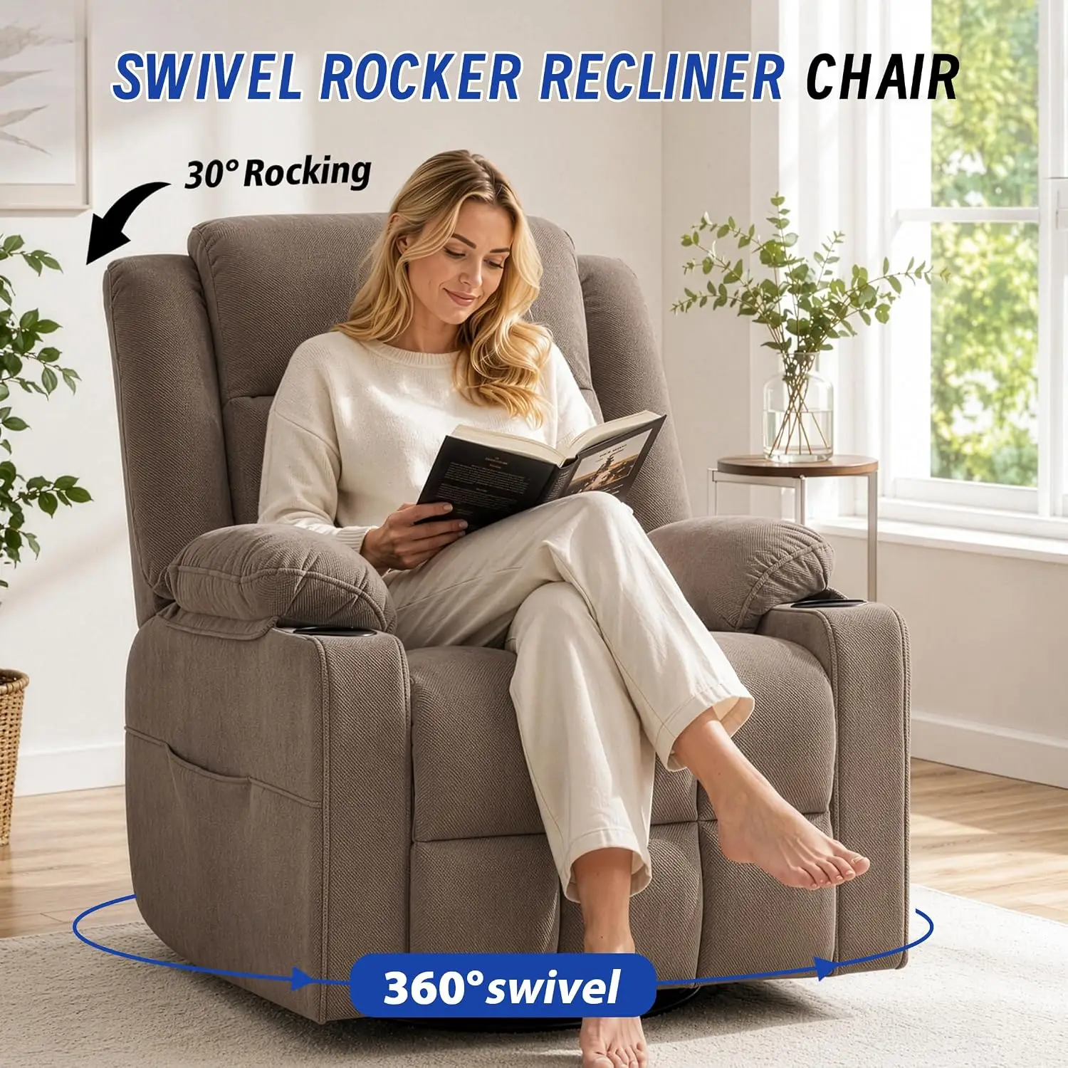 Swivel Recliner Chair for Adults with Massage and Heat,Manual Glider Rocking Recliner Chair with Cup Holds, Customized