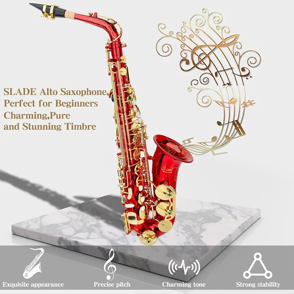 Red Eb Alto Saxophone for Beginners Adults Brass E Flat Key Type Saxophone Woodwind Instrument with Case Strap Glove Parts