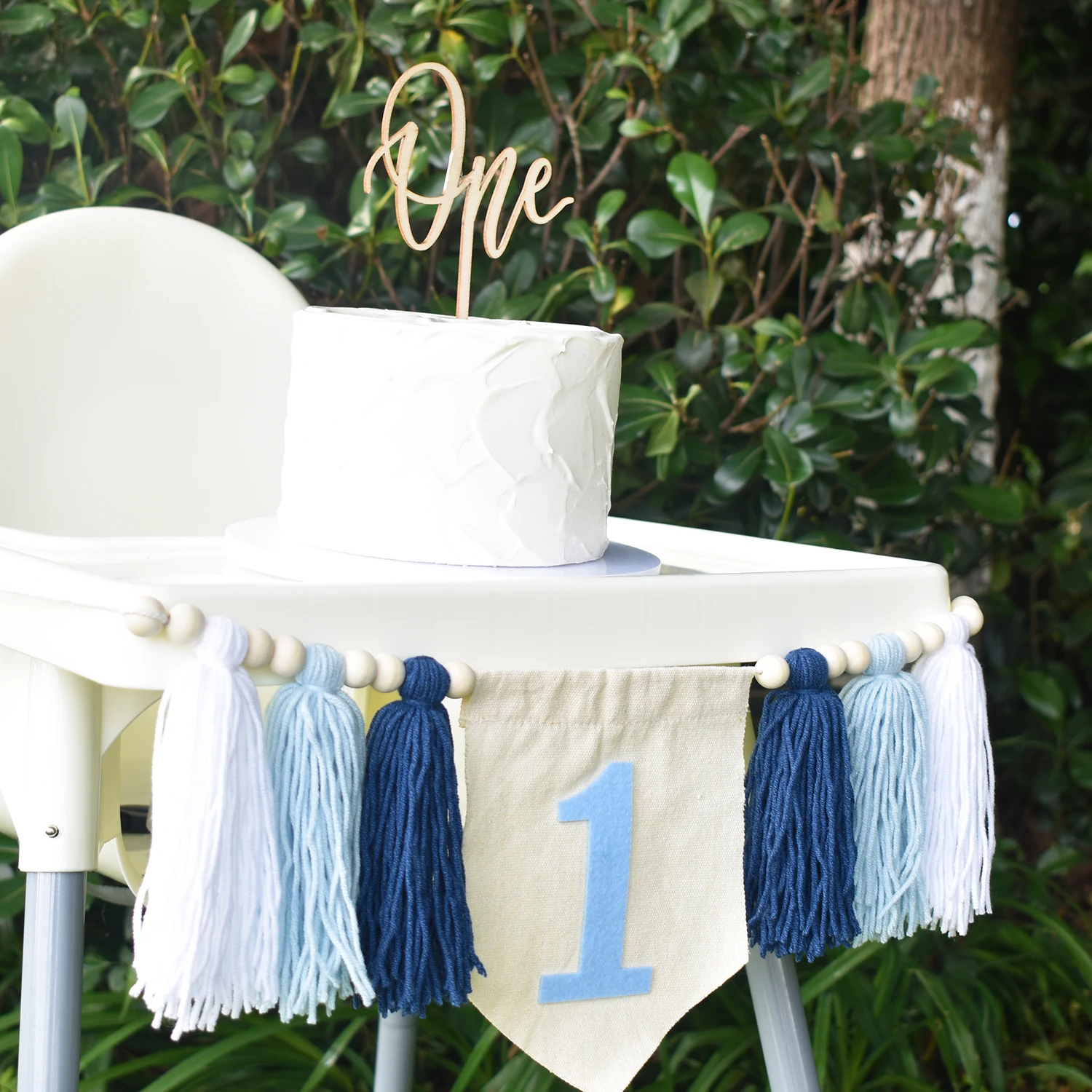 1st Birthday High Chair Banner Blue Birthday Party Decorations For Children Handmade Wooden Bead Tassel Garland Photography Prop