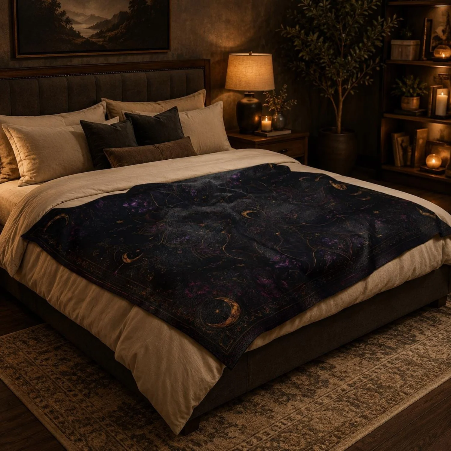 1pc Moon Phase Bat Mandala Velveteen Plush Blanket,Gothmas celestial decor bridging Halloween into Christmas