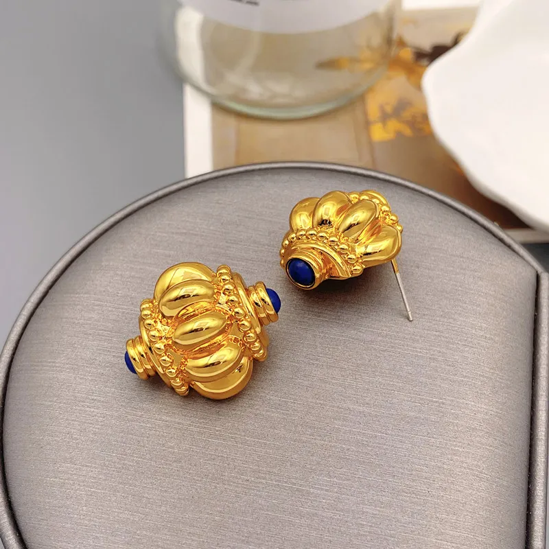 Vintage Messing beschichtung 18 Karat Gold Muschel mutter Lapislazuli Übertreibung Ohr stecker für Frauen Luxus Persönlichkeit Schmuck