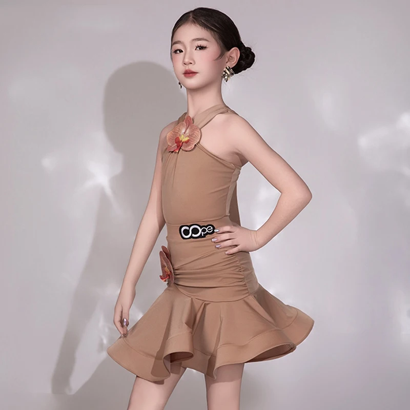 

Одежда для латинских танцев, коричневые платья с цветочным узором для девочек, тренировочная одежда без рукавов, одежда для соревнований ча-ча-румба, BL14822