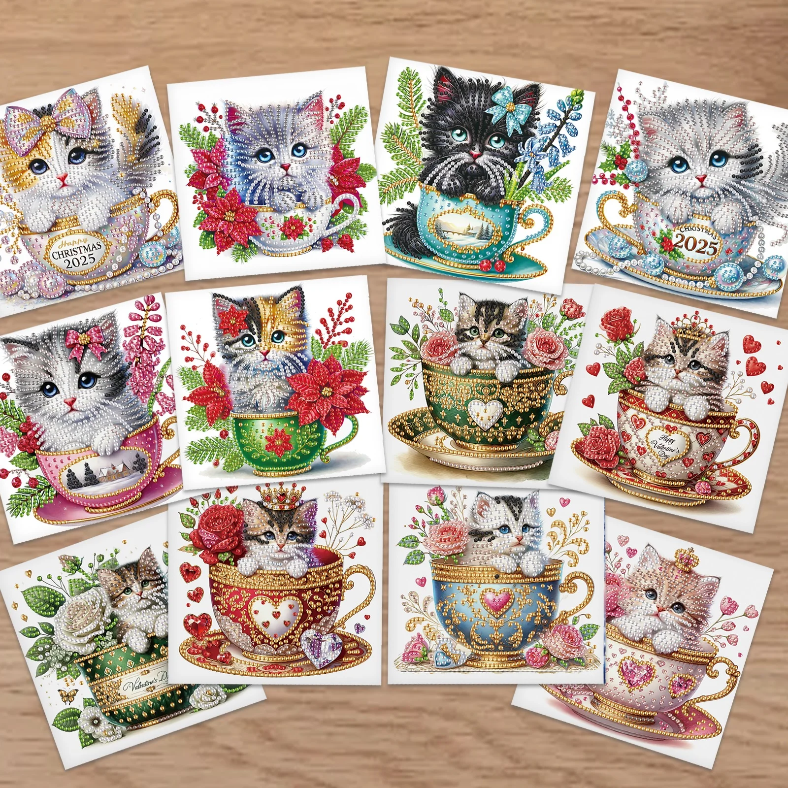 

12Pcs Diamond Art Painting Greeting cards Kits for Adults,Teacup Cat Greeting cards Diamond Art cards for Creative Decor Gifts
