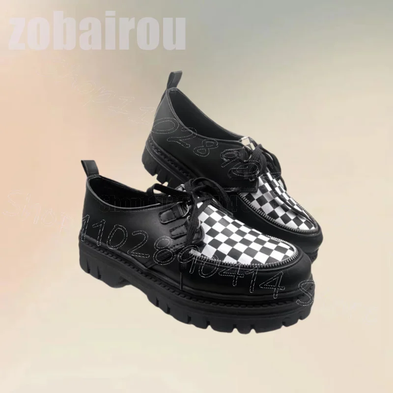 

Checkerboard Design Black Round Toe Platform Loafers Fashion Lace Up Men Shoes Luxurious Handmade Party Dating Men Casual Shoes