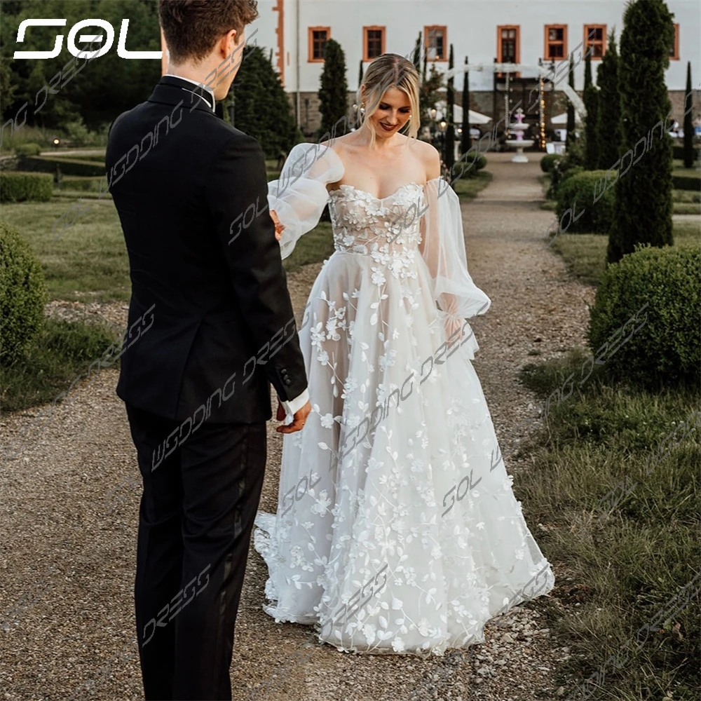 SOL 3D Lace Appliques Detachable Puff Sleeves Sweetheart Wedding Dresses Elegant  Backless A-Line Bridal Gowns Vestidos De Novia