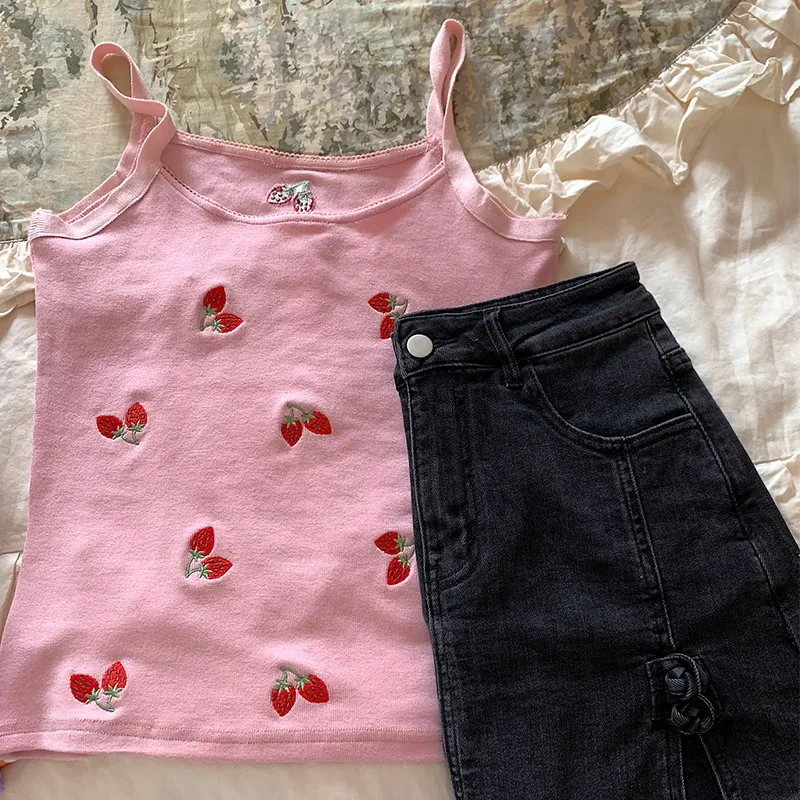 

Sweet And Cute Strawberry Camisole Vest Fruit Embroidery Slim Fashion Pink Tank Sleeveless Lace Trim Tight Summer Tops Woman