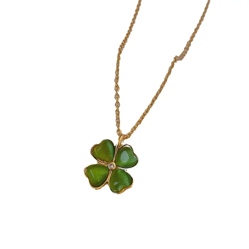 Lucky Clover Necklace Women Gold Plated Cat\'s Eye Flower Petal Lock Bone Chain