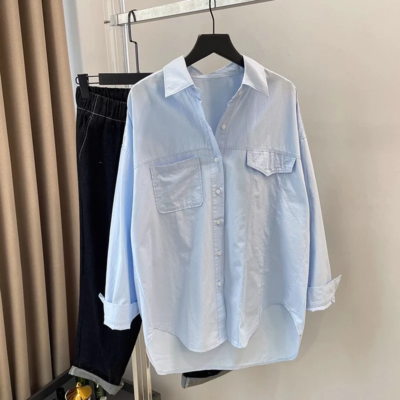 Blue Long Sleeve Women's Shirt Casual Layering Mid-Length Sun Protection Outerwear Hong Kong Style Laid-back Design Sense