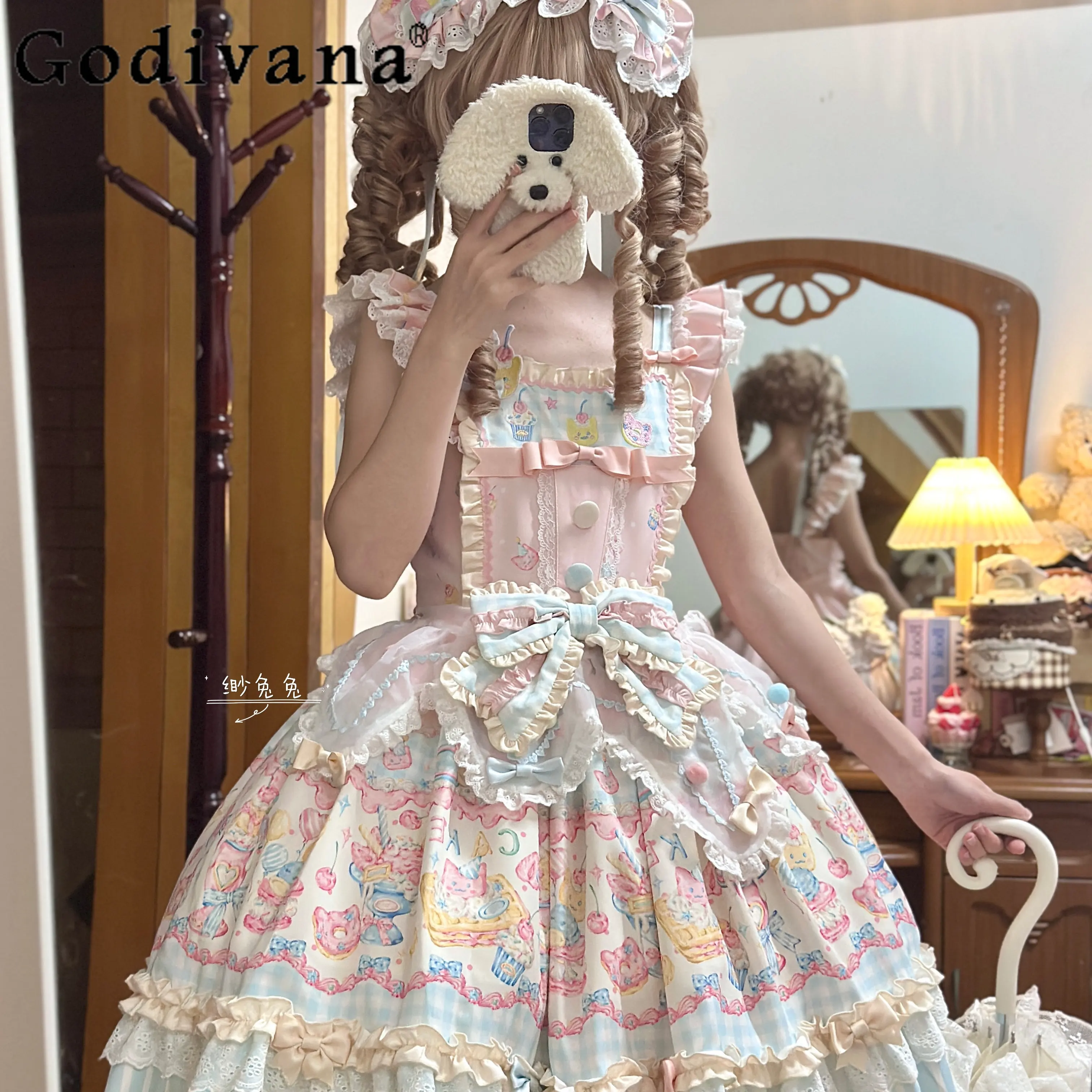 

Original Japanese Lolita Style Kawaii JSK Dress Set Summer Cute Bow Print Sweet Lo Birthday Party Dress Daily Short Sleeve Shirt