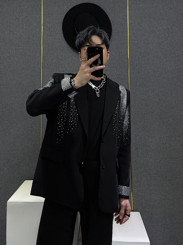 Men's Hot Rhinestone Starry Suit Jackets Handsome Trendy Male Loose Men's High-End Suit Jacket Fashion Long Sleeve Black Blazers